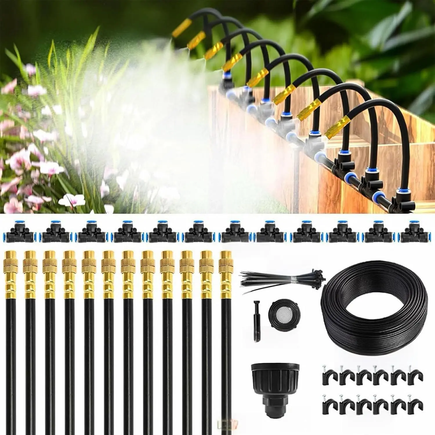 360° Curved Misting Sprinkler Kit with Brass Nozzles and T-Connectors, Garden Irrigation Kit,Automatic Garden Irrigation System ,Automatic Atomizing Watering System for Outdoor Plants,Raised Bed,Yard,Potted Plant,Lawn(15M+12head)