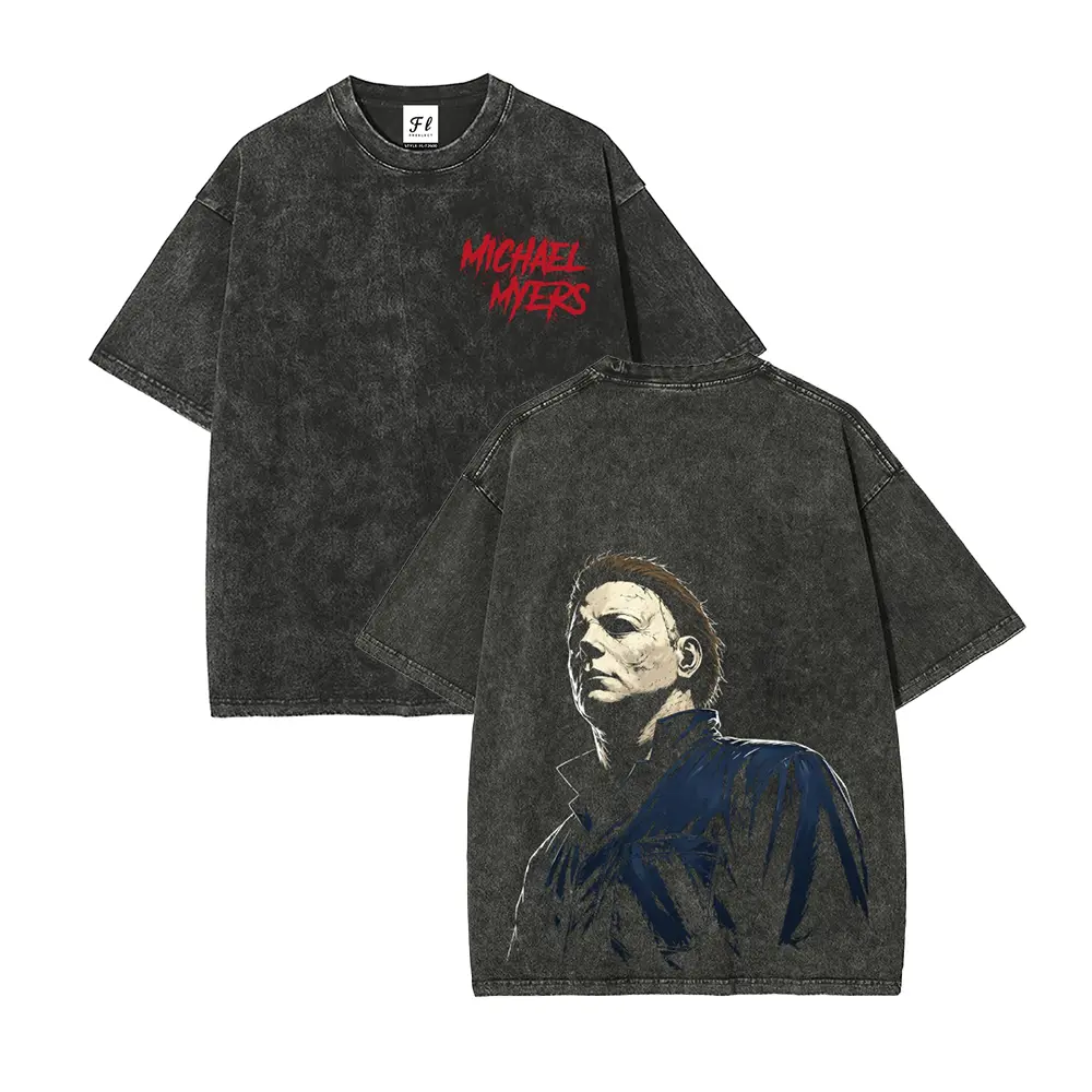 Acid Washed Oversized Y2K Horror Character Graphic T-Shirt, Red Blood Brush Letter Small Chest Print Masked Horror Figure Large Portrait Back Dual-Sided Tee, Vintage Grunge Streetwear, 100% Cotton Unisex Short Sleeve Shirt
