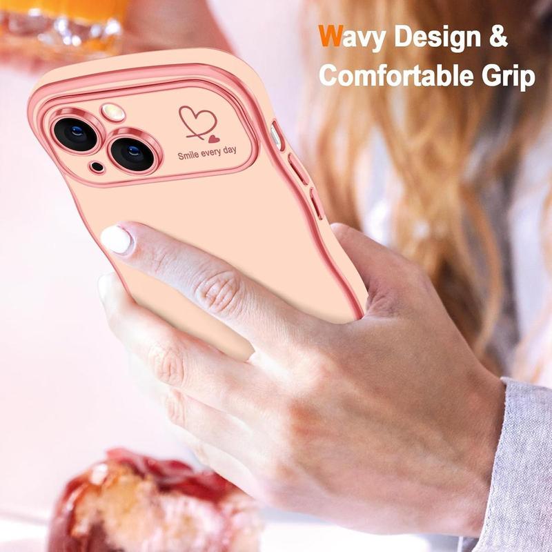 For iPhone 16 Pro Max 15 14 13 12 11 Cute Wave Frame Curly Shape with Love Heart Pattern Raised Camera Protection Cover Luxury Plating Shockproof Phone Case