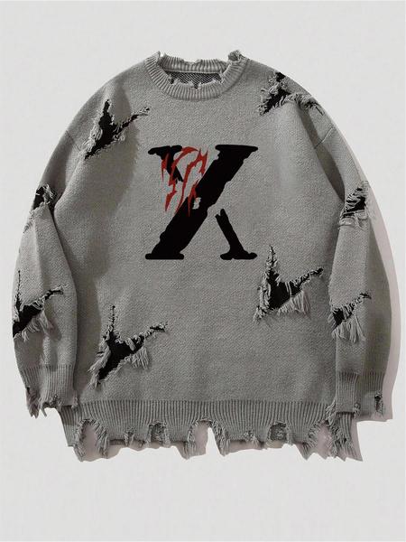 Men's Pattern Sweaters Retro Gothic Long Sleeve Crew neck Pullover knitted Top, Knitwear Tops, Grunge Skull Dollars Design, Aesthetic Gesture Warm Loose Fit Comfortable Jumper,Daily life,Hip-hop, Street wear, Going Out, Halloween Fall Winter Clothes