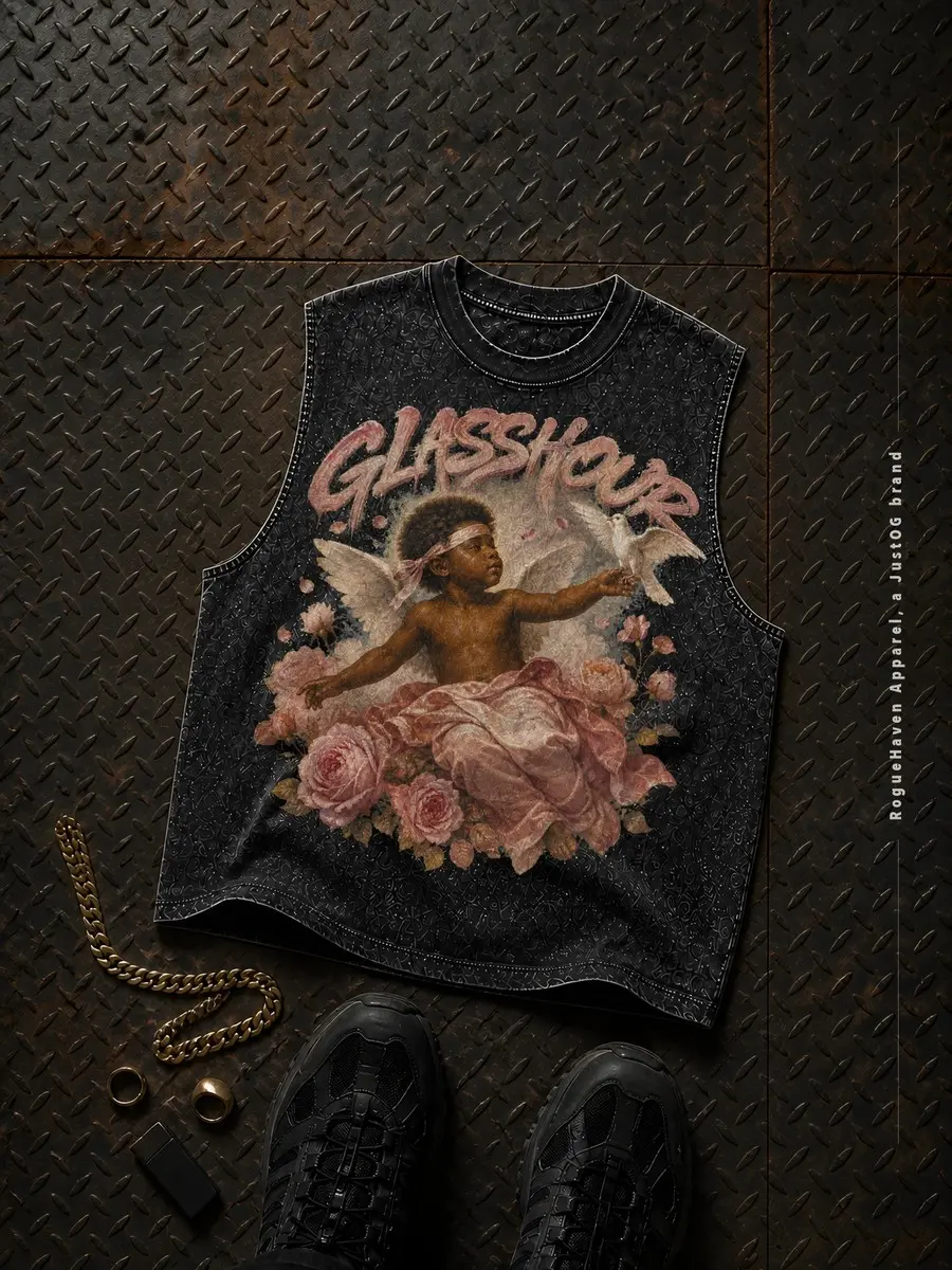 Classical Angel, Roses and Script Graphic, Heavyweight Washed Gothic Streetwear Tank Top