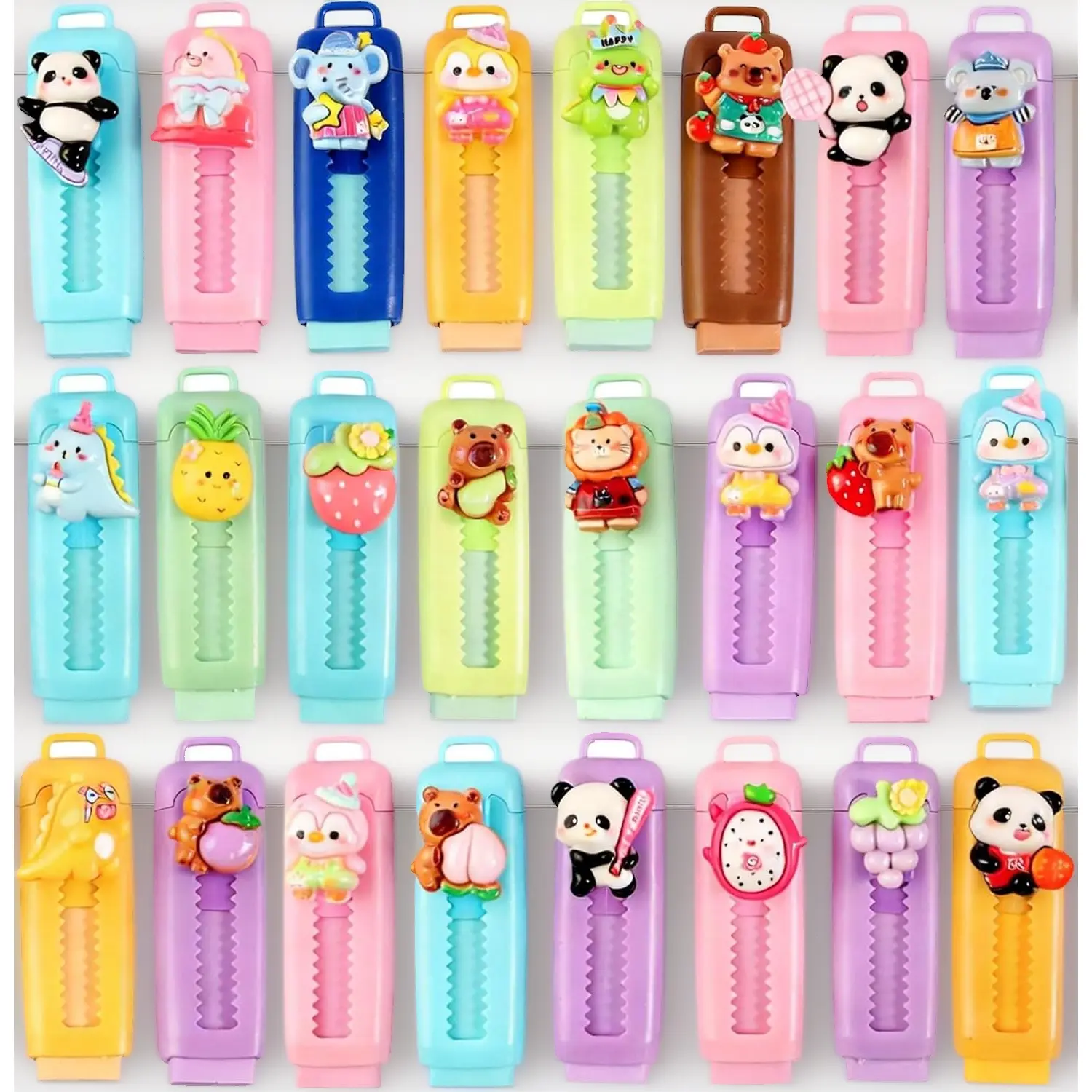 24-Pack Plastic Unisex Retractable Pencil Erasers - Kawaii Cartoon School Supplies for 3-14y Kids, Writing Correction Rubber, Cute DIY Painting Gift (Style B Set), Erasers Pack