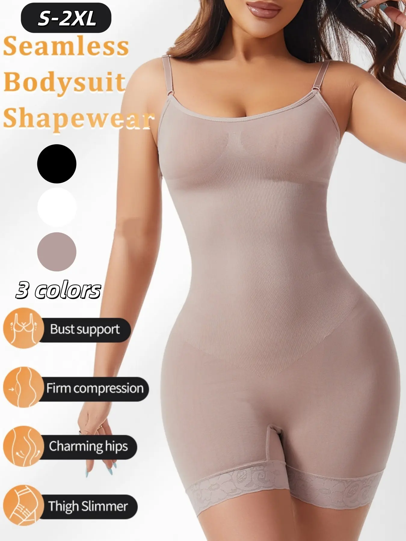 1 Count Seamless Shapewear Bodysuit, Adjustable Straps Compression Waist Trainer, Lace Thigh Slimming Hourglass Bodycon, Postpartum Wear, Dress & Jeans Compatible