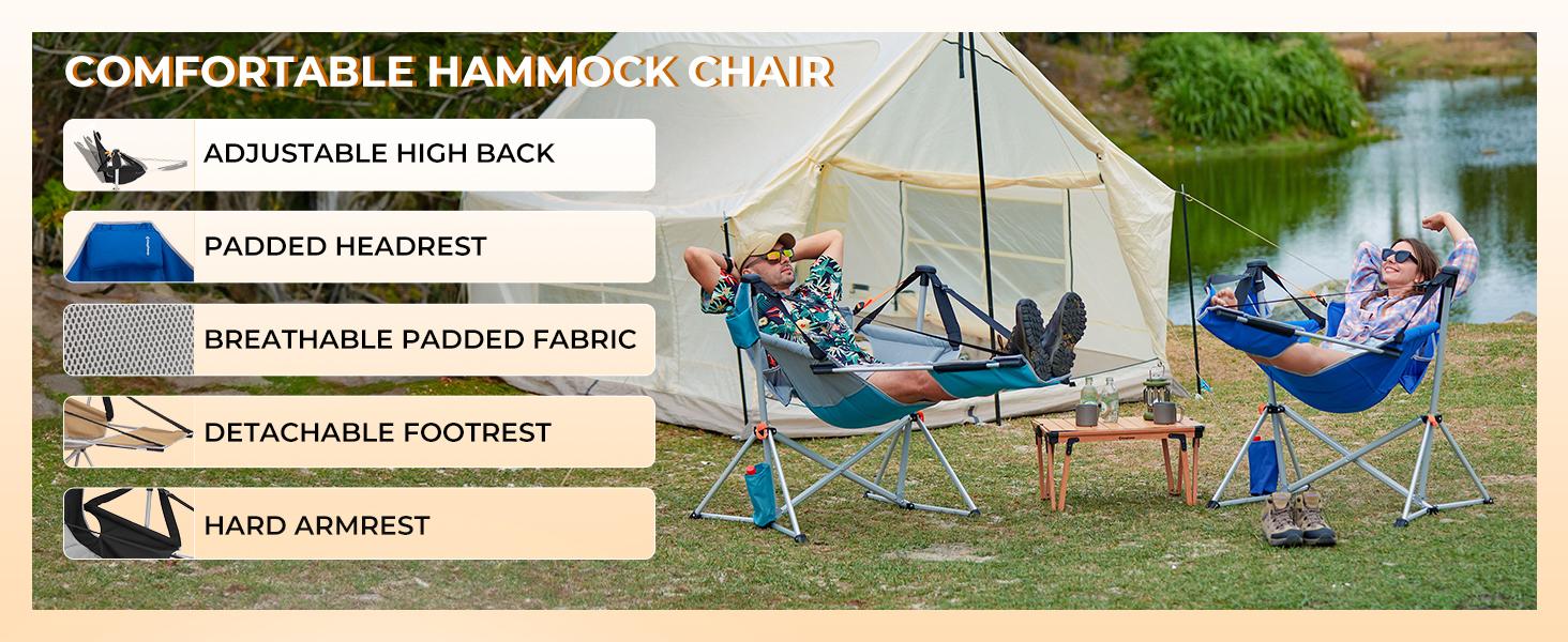 KingCamp Hammock Chair with Footrest – Heavy Duty Swinging Rocking Camping Chairs for Adults up to 400lbs, Folding Portable Oversized Rocker with Cup Holder & Pillow for Outdoor Beach Lawn RV Sports