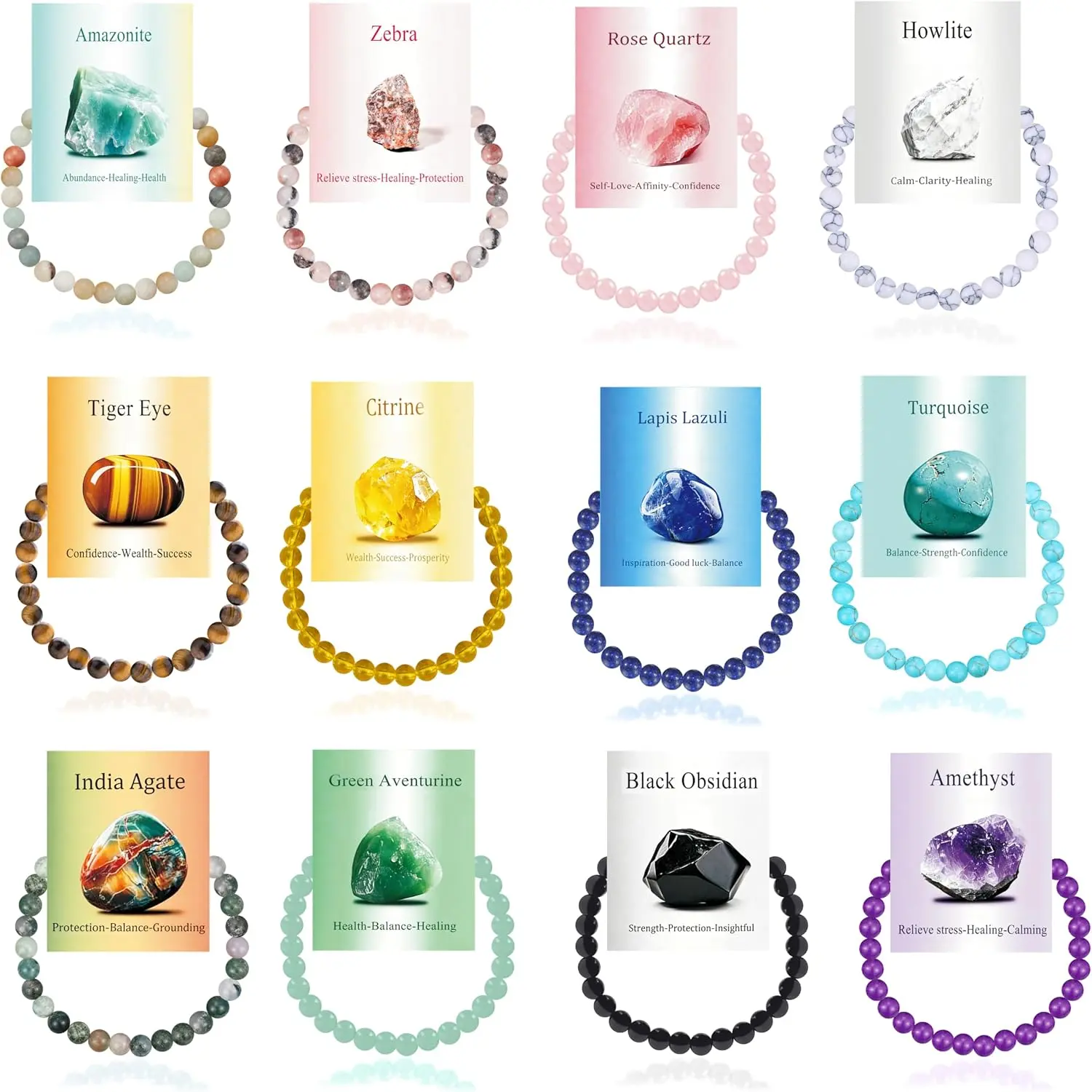 12 count Semi-Precious  Bracelets for Women 6mm | Round  Stone,   Beaded, Stretch,Reiki  Yoga ,Durable,Meaning Card Bracelet