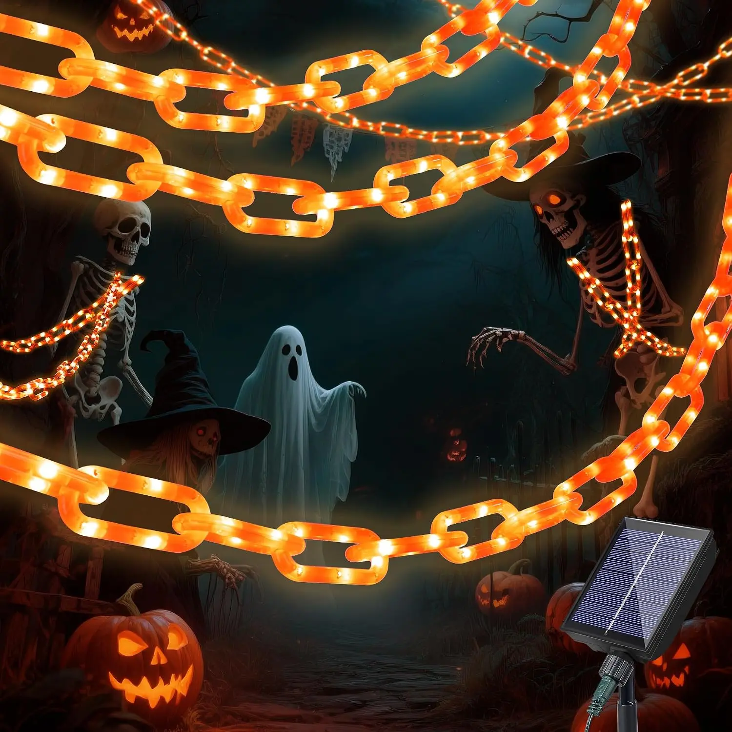 Solar Halloween Decoration String Lights,10.5 FT 175LED Orange Plastic Chain Light with Memory Timer, Solar Halloween Light for Yard,Haunted House,Skeleton , Porch,Costume,Spooky,Party