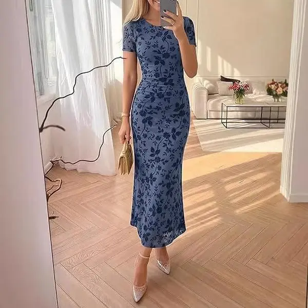2026 new European and American women's summer floral waist slim elegant short-sleeved mesh dress