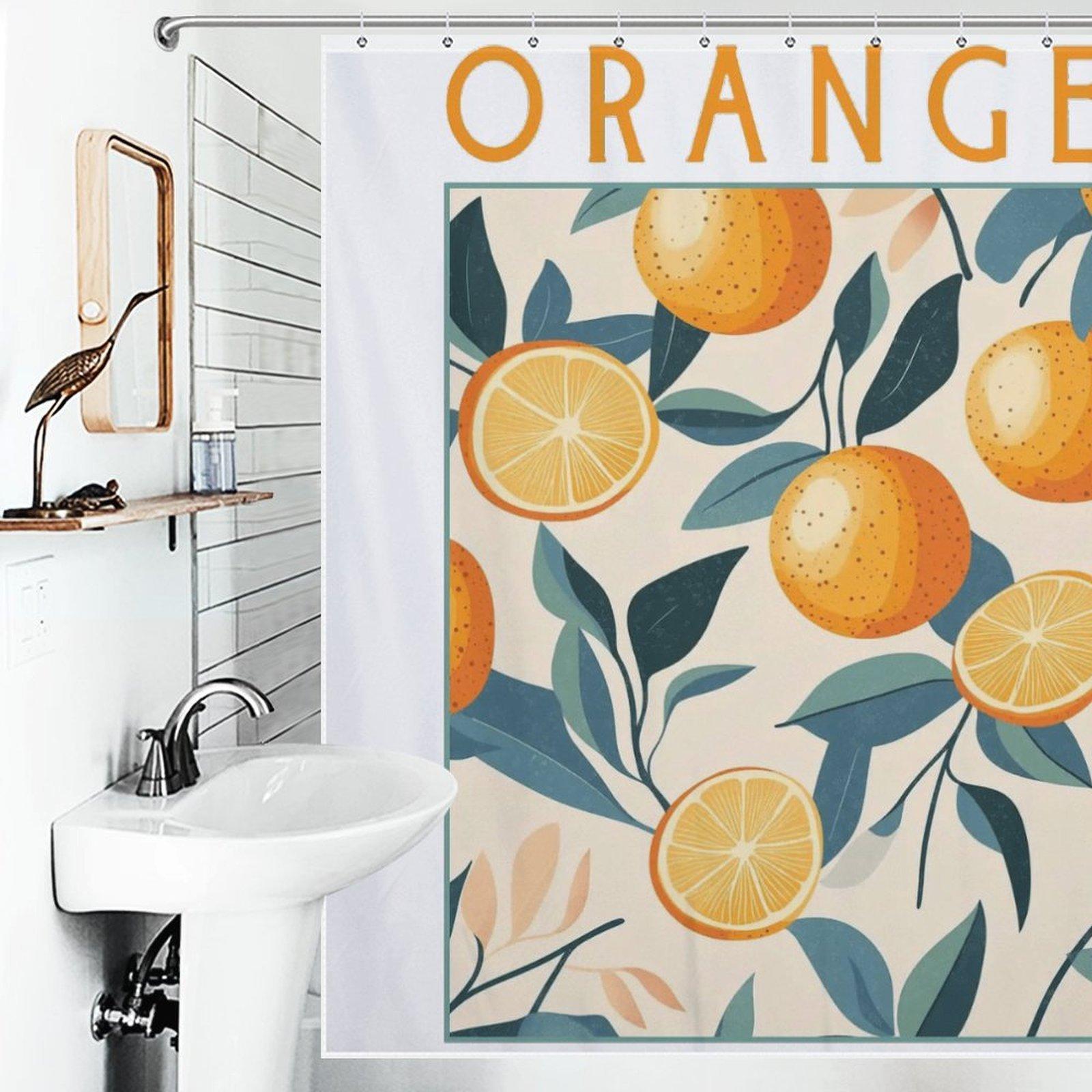 Vintage Orange Fruit Shower Curtain, Citrus Botanical Leaf Print Bathroom Decor, Waterproof Polyester Bath Curtain with Hooks, Summer Fresh Aesthetic Accessory
