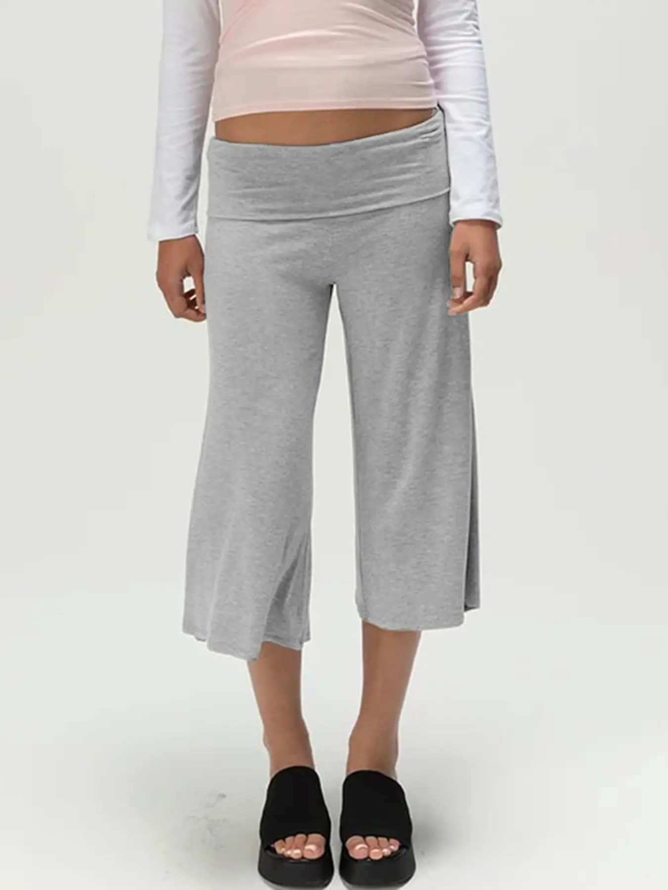 American Style Casual Capri Pants, Wide Leg Drop Waist, High Elasticity Fabric, Slimming Effect, All Seasons Wear