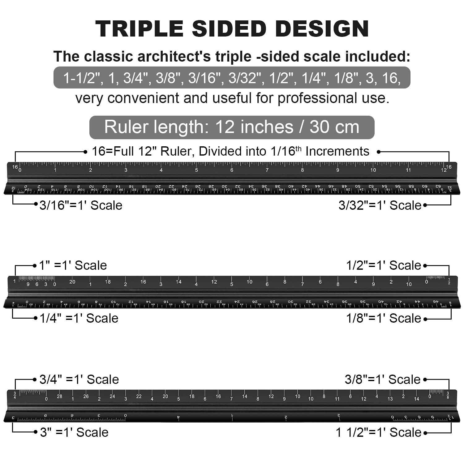 Architectural Scale Ruler Set, 2 Pack 12 Inch  Architect Ruler with Standard Metal Ruler, Imperial Architect Triangular Ruler with Etching for Architects, Engineers, Students and Draftsman