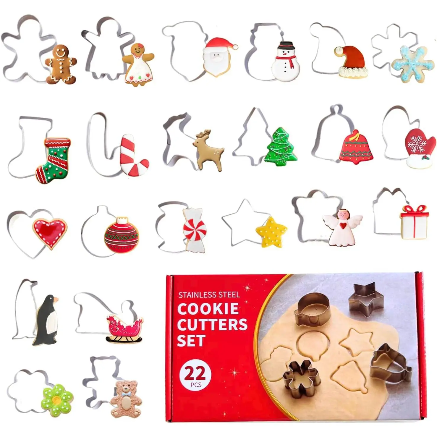 22PCS Stainless Steel Mini Christmas Cookie Cutters Bakeware Set - Gingerbread, Tree, Snowflake, Candy Cane, Santa Claus, Snowman, Reindeer, Gloves & More Baking Utensils