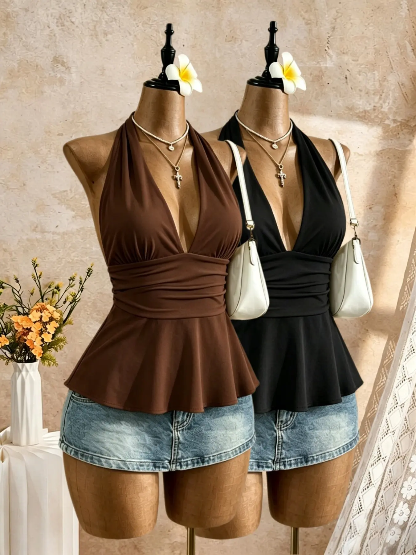 Summer Y2K Deep V Neck Camisole Neck Halter Top Set, Women's Backless Self-Tie Ruched Waist Lace Trim Sleeveless Tank Tops, Elegant Casual Slim Fit, Summer Tops Trendy