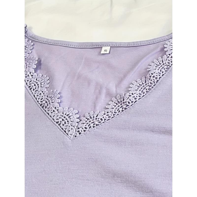 Elegant Plus-Size White V-Neck T-Shirt with Lace Detailing,Short Sleeve,Semi-Sheer Summer Top for Women,Plus Size Blouses Collar Fabric Spandex Casual