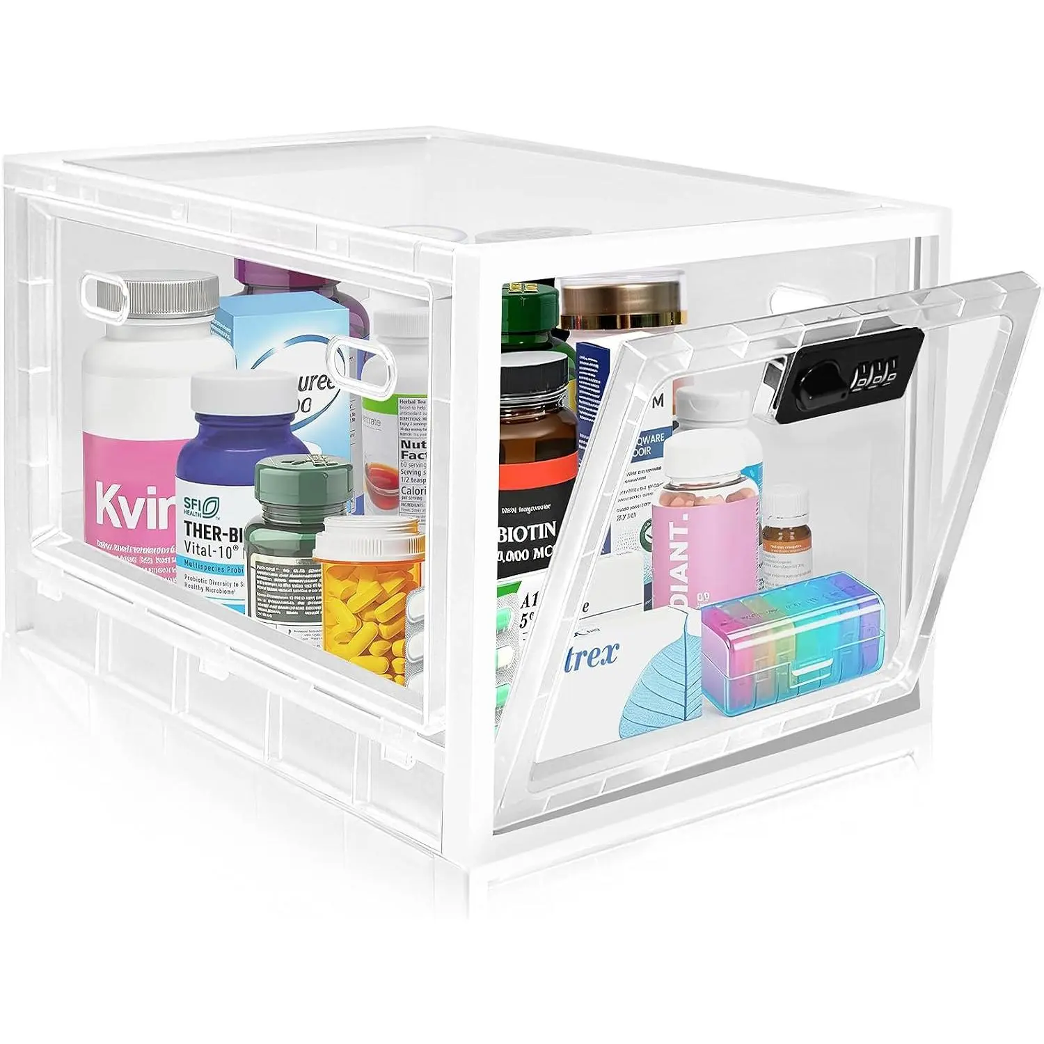 Upgraded Large  Lock Box, 12L Lockable Storage Box with Combination Code for Medication Safe,Lock Box for Pills/Vitamins/Supplements/Snacks/Ipad,Fits Cabinet/Fridge Clear