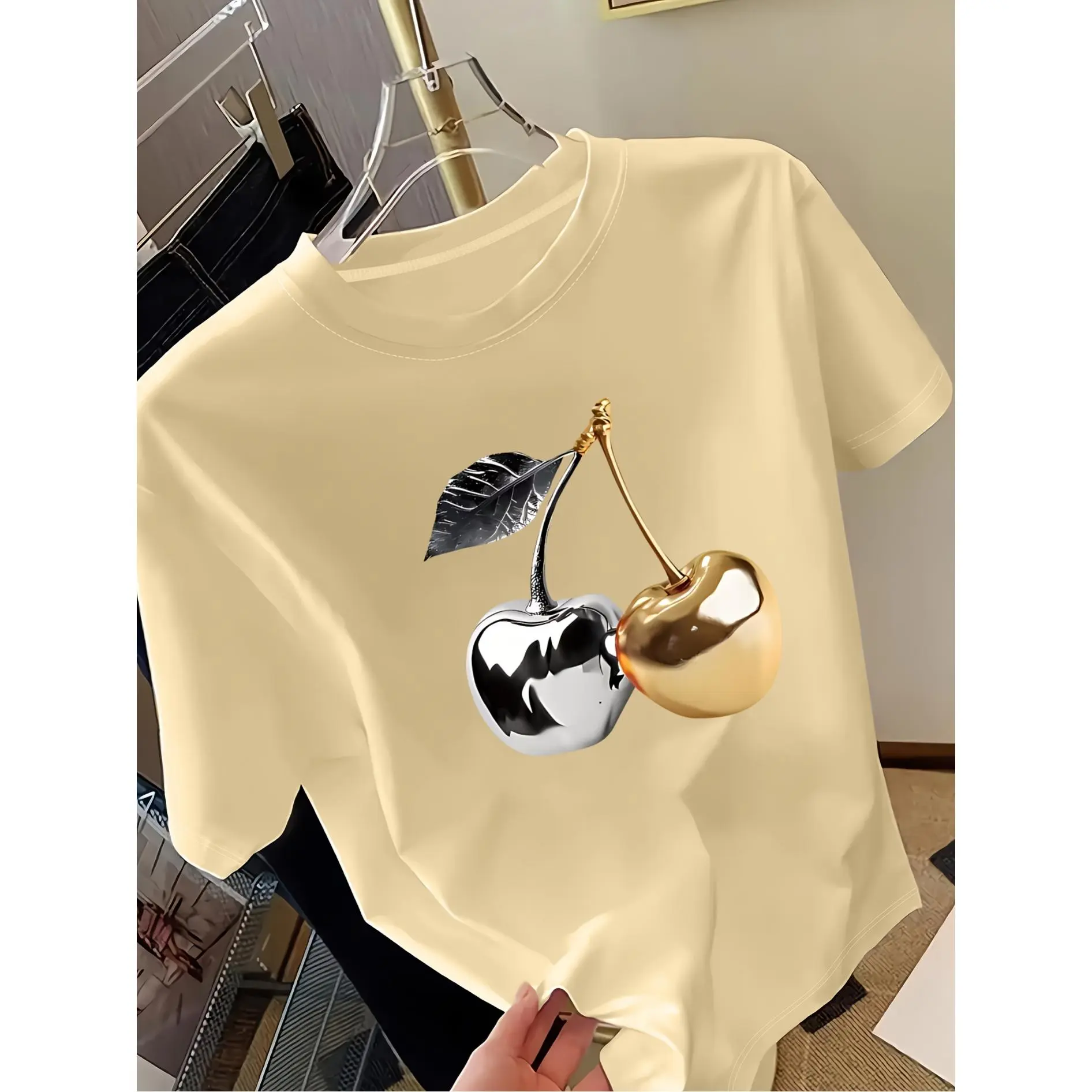 Cherry Pattern Printed Women'S Short-Sleeve T-Shirt, Fashionable Casual Top, Elegant Feel, Women'S Versatile Daily Wear, Daily Fashion | Comfortable And Soft Fabric | Spring And Summer Women'S T-Shirts basic skull graphic high-quality cotton vintage