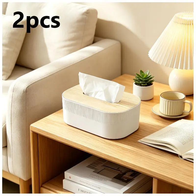 2Pcs Wood Grain Tissue Box Cover with Lid Dustproof Facial Tissue Dispenser Decorative Napkin Organizer for Bathroom Kitchen Bedroom Desk