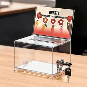 Clear Donation Box for Fundraising with Lock & Sign Holder, Suitable for Valentines Day, Multi-Use Voting and Raffle Box Tip Jar, Secure Storage, Durable Plastic, 6.2'' x 4.6'' x 4.0''
