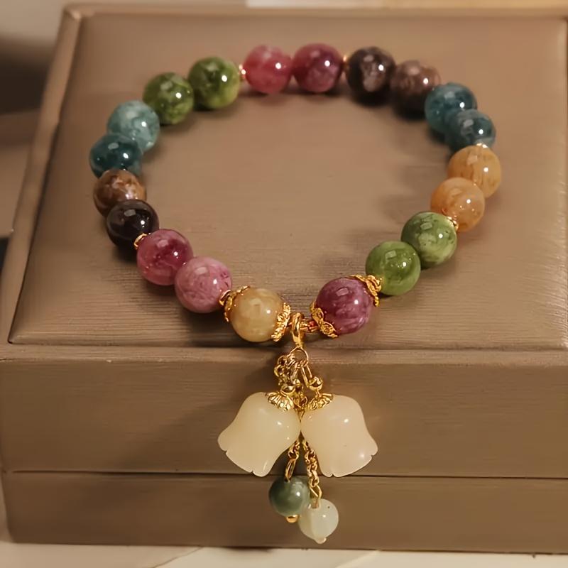 Bohemian Style Tourmaline & Orchid Charm Bracelet - Luxury Natural Stone Charms Women Handmade Beaded Bracelet Valentine's Day Jewelry Gift Vintage Women Bead Bracelet Jewelry