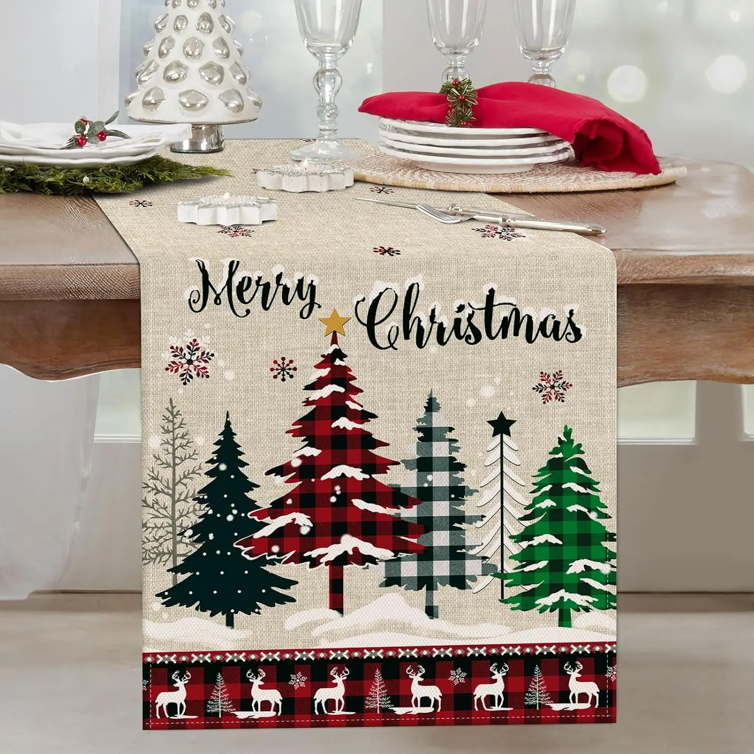 Buffalo Plaid Snowflake Christmas Tree Table Runner, 13x72 in Modern Faux Linen Poly Table Decor, 1-Piece Indoor/Outdoor Winter Holiday Kitchen Dining Party Decor
