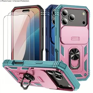 3 PCS [1 Phone Case with 2X Clear Screen Protectors] The 360° Metal Ring Rotating Stand Is Compatible with for Iphone 17, 16, 15, 14, 13, 12 Mini, And 11 Series, Featuring a 3-In-1 Heavy-Duty Phone Case with a Sliding Window