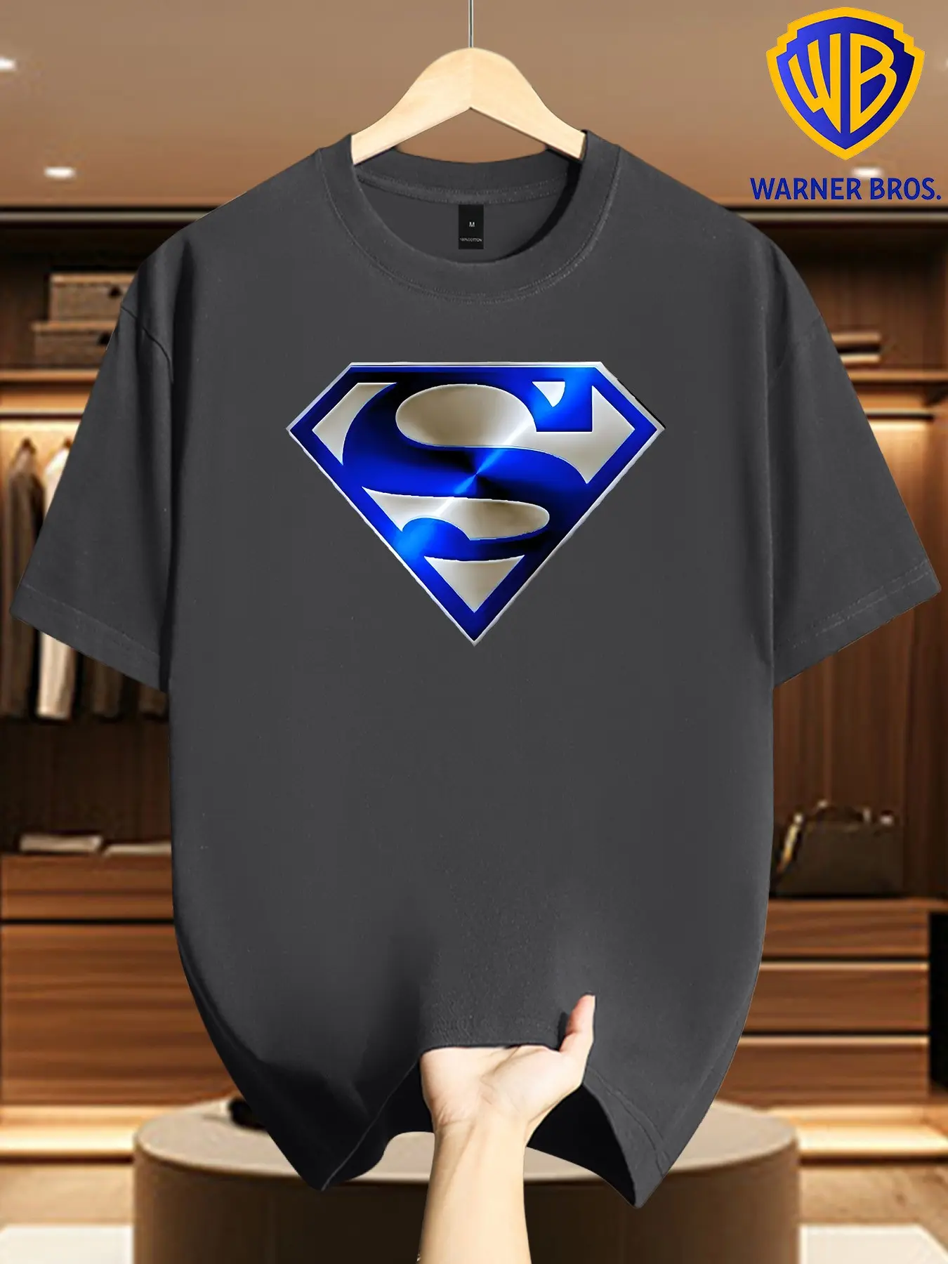 Warner Bros Men's Metallic Blue Superman Logo T-Shirt, 3D Glossy Superhero Symbol, Casual Streetwear, Long Sleeve, Loose-Fit
