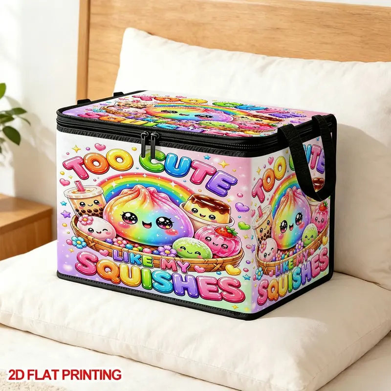 1PC Rainbow Cartoon Dumpling And Dessert Pattern Collapsible Storage Box With Lid, Collapsible Clothing Organizer, 2D FLAT, Zippered Organizer Bin For Clothes, Towels And Bedding, Ideal For Home And Closet, Great For Sundries Storage