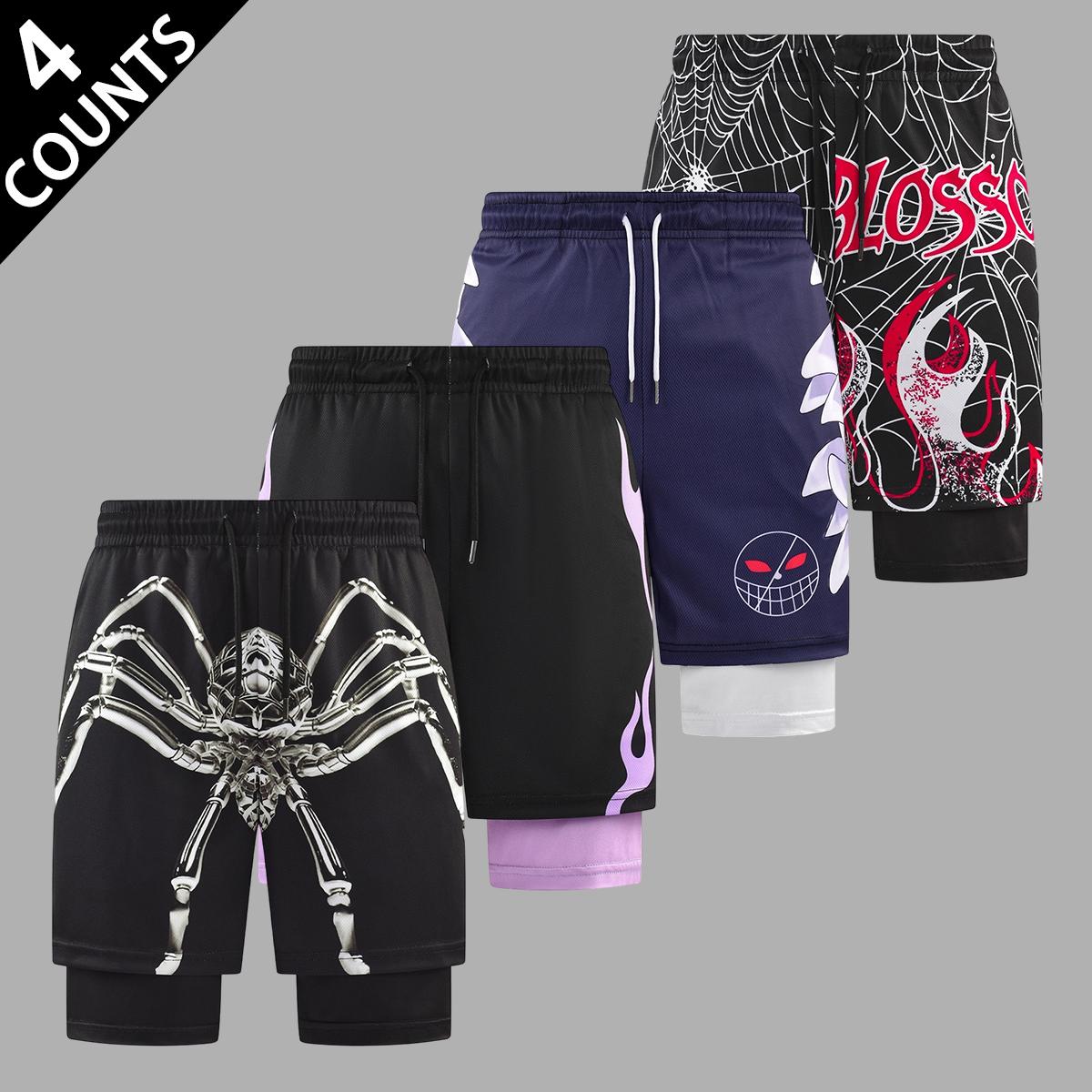 Edgy Graphic Mens Double Layered Athletic Short Gothic Spider Print Loose Fit Breathable Shorts for Daily Wear