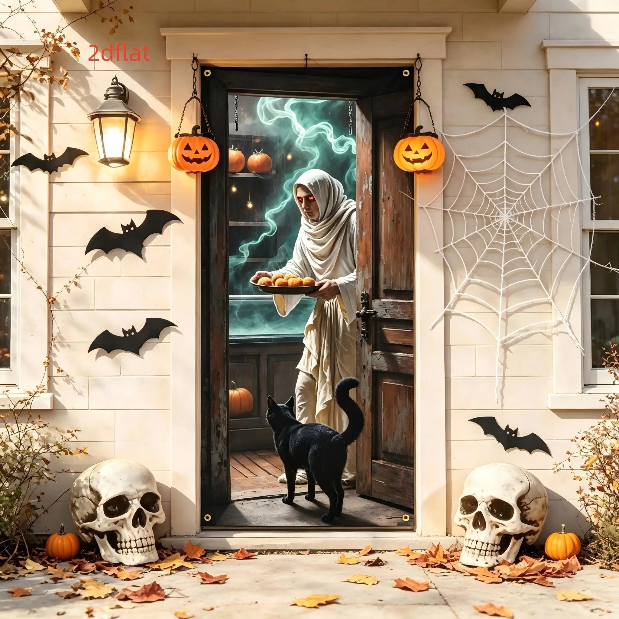 Halloween Door Decoration, Ghost Robe Monster Cat Vertical Door Banner, Light Smoke Pumpkin, Indoor Outdoor Decor