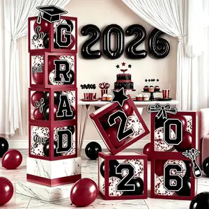 2026 Graduation Balloon Boxes Decorations - Clear Balloon Box Stack with "GRAD" Letters for Graduation Party Table and Floor Display
