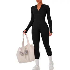Womens Long Sleeve Workout Jumpsuit Seamless Ribbed Tummy Control Yoga Bodycon Zip Up One Piece Unitard Sculpt Rompers(Gift)