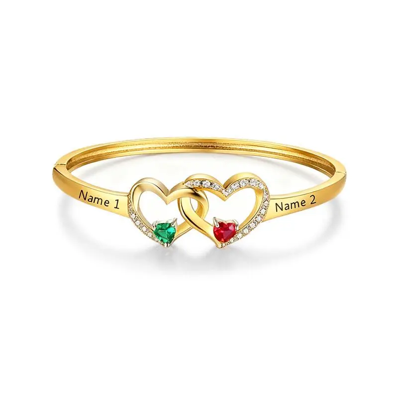 AS656 Personalized Custom Name Double Love Birthday Stone Bracelet Copper Personality Engraving Name Valentine's Day Anniversary Love Bracelet