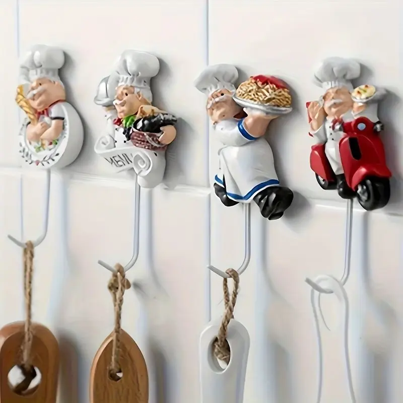4pcs Chef Doll Wall Decoration Hook, Fat Chef Kitchen Decoration, Resin Wall Hook, Kitchenware Wall Hanging Rack Hook, Home Organization Tool, Decor Hooks, Home Organizer Hook, Wall Hanger