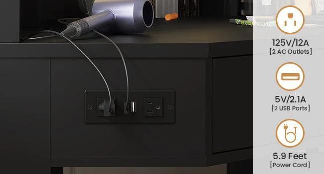 Corner Makeup Vanity with Tri-Fold Mirror and Cushioned Storage Stool Black