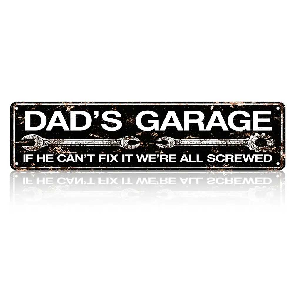 Vintage Aluminium Dad's Garage Sign, 4"×16" Distressed Black Metal Plaque with Wrench Graphic, Funny "If He Can’t Fix It We’re All Screwed" Quote Decor for Garage, Father’s Day Gift