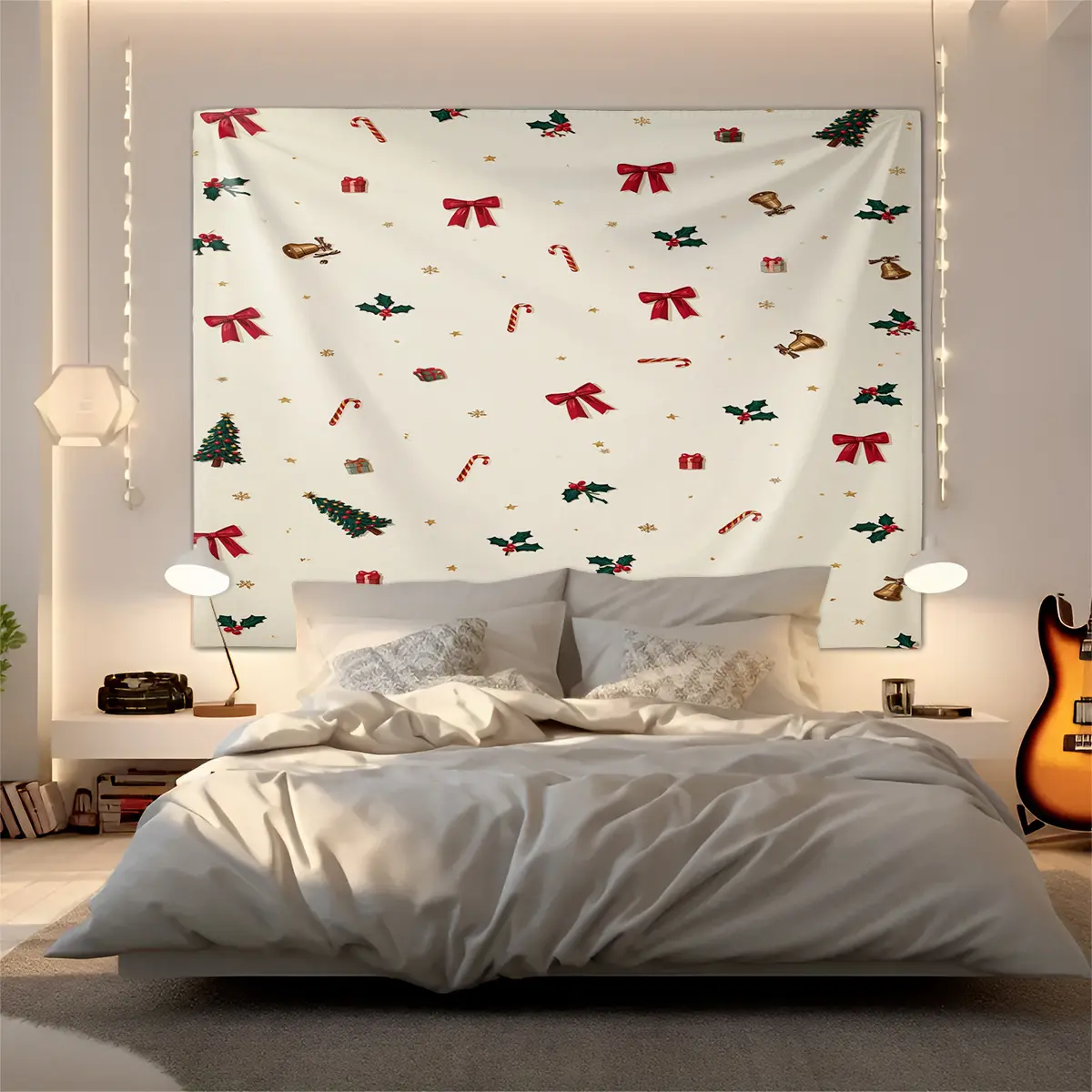 1pc Christmas Tapestry, Festive Holiday Pattern Wall Tapestry with Red Bow, Christmas Tree, Candy Cane and Holly Design, HD Printed Soft Polyester Wall Hanging, Perfect for Bedroom Dorm Living Room Home Decor, Aesthetic Room Makeover Backdrop