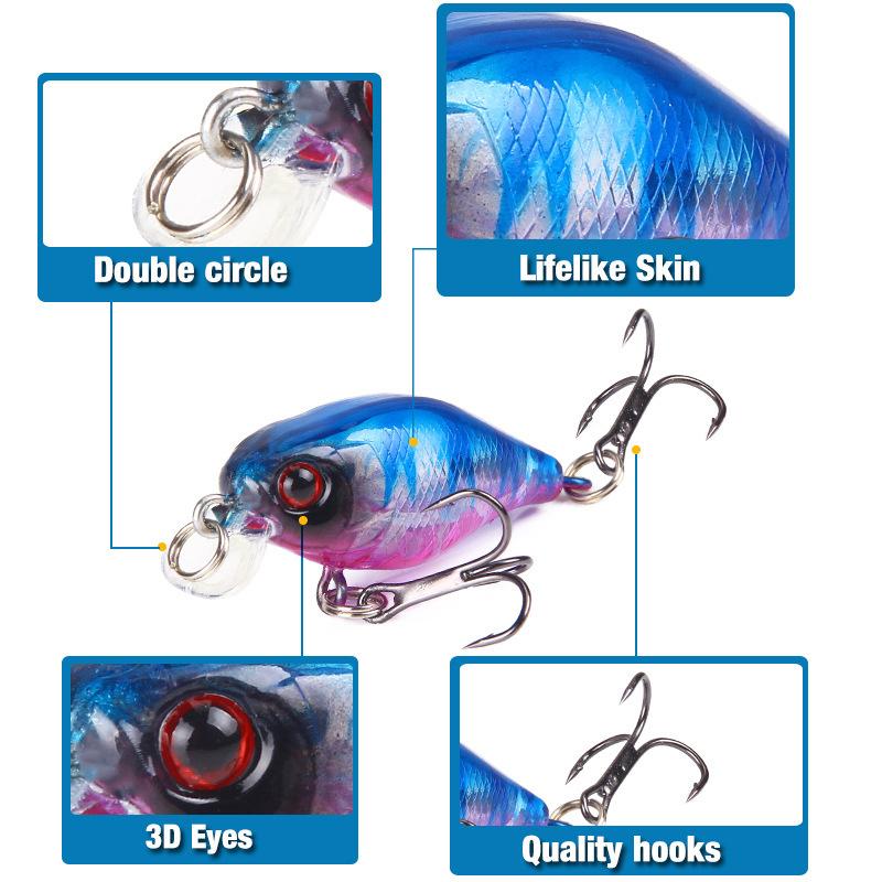 「SW」 5-Pack Mini Crankbaits - 1.57inch/4.6g Realistic Wobbling Lures with Treble Hooks, 5 Vibrant Colors for Bass & Trout