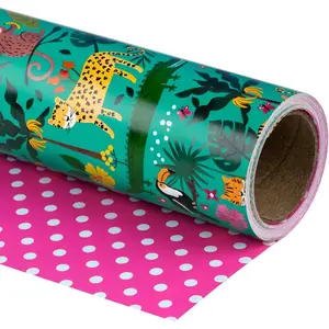 WRAPAHOLIC Reversible Jungle Wrapping Paper - Mini Roll - 17 Inch x 33 Feet - Tigers in the Jungle Wild One Birthday Wrapping Paper for Kids Girls Birthday, Baby Shower
