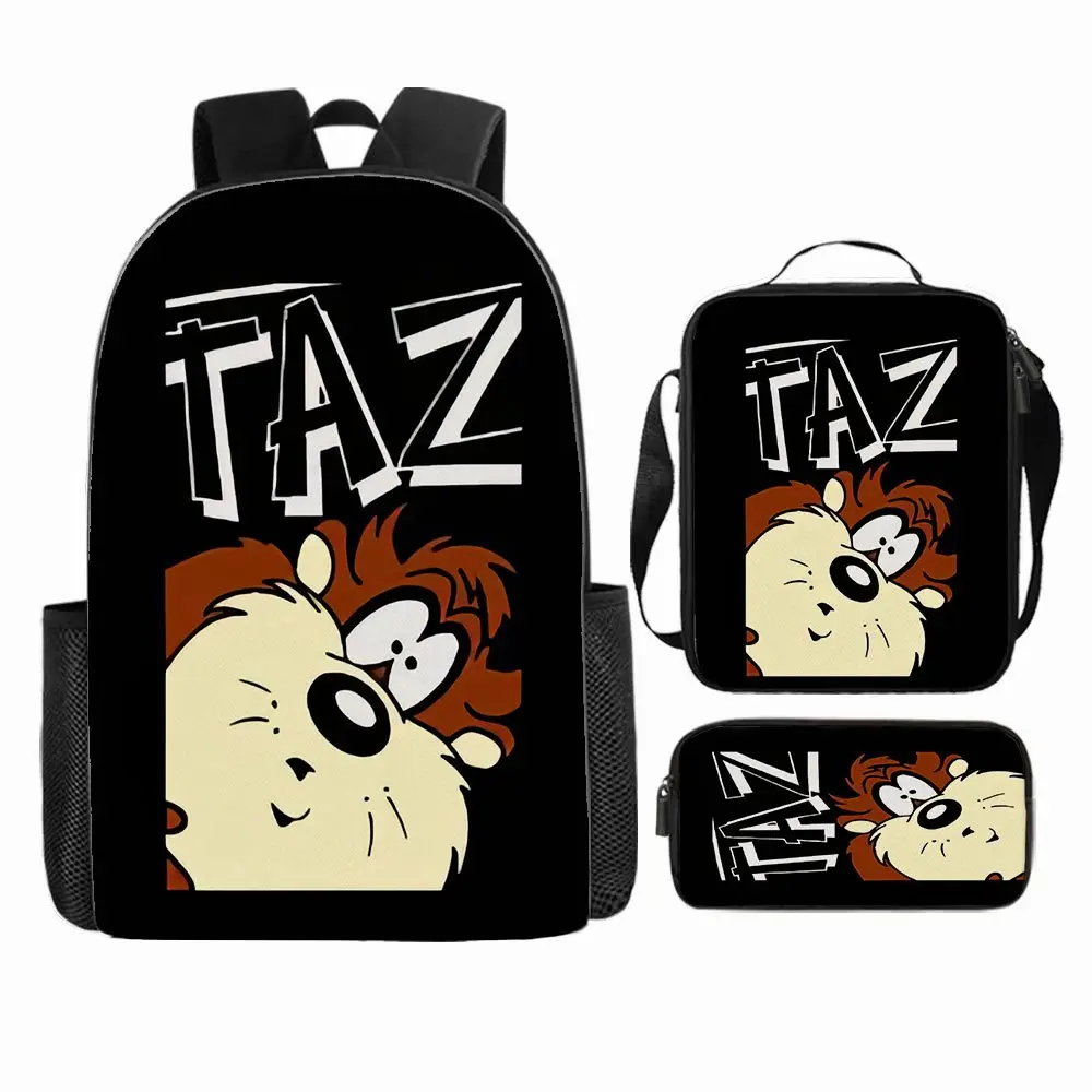 TAZ Tasmanian Devil half-face design with font print, three-piece school bag set, classic shoulder strap, insulated lunch box, fabric zippered pocket, suitable for daily use by school students