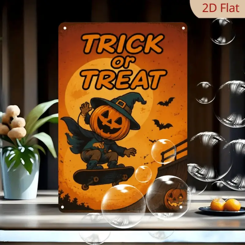 2D Flat Decorative Signs Plaques Halloween Trick Or Treat Tin Sign Cute Pumpkin Head Witch Flying on Broom, Spooky Graveyard Night Scene, Vintage Metal Wall Decor for Haunted House Or Party Display