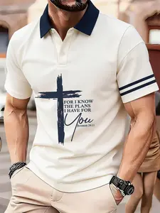 5 Colors Unisex Cross Graphic Polo Shirt, Jeremiah 29:11 Bible Verse Print, Casual Striped Short Sleeve Tee for Men Women