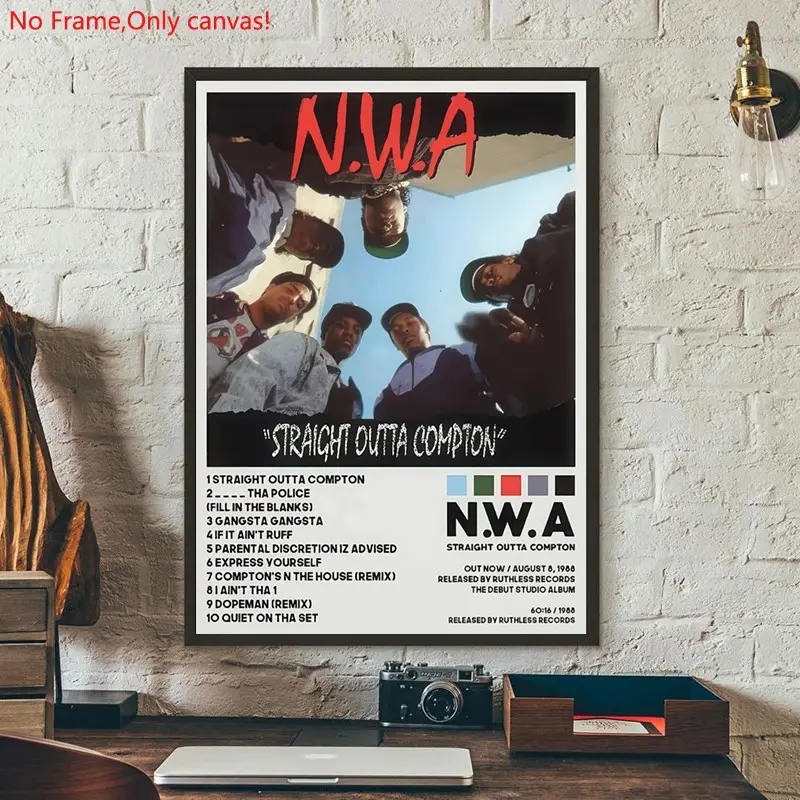 1 piece/set frameless canvas painting print poster, Classic Character Album art，N.W.A. Straight Outta Compton ，a perfect gift for Music loves, ideal gift for bedroom, living room, dorm hallway, kitchen, mural, wall decoration, room decor