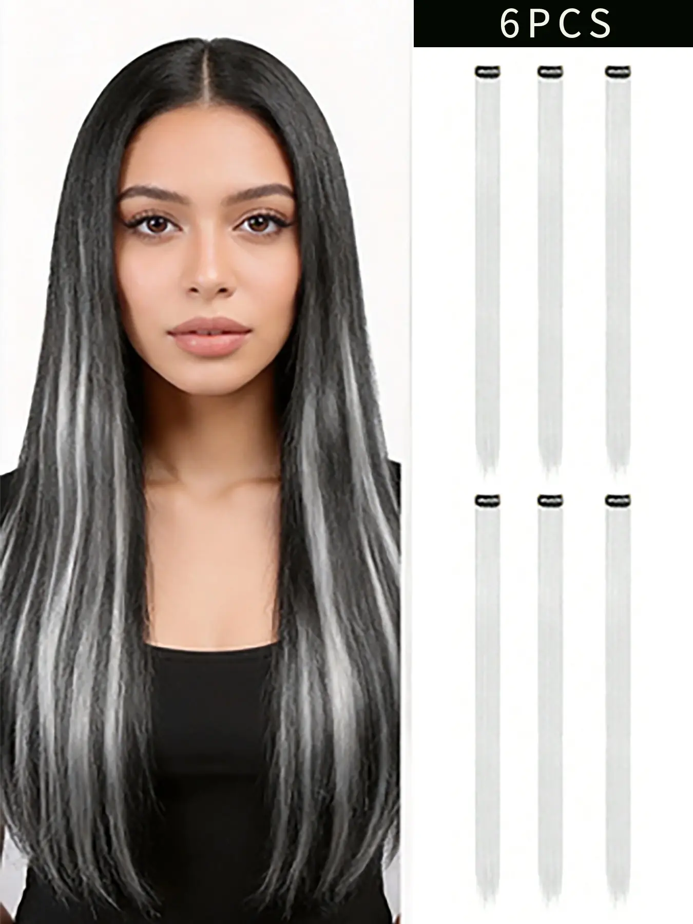 6PCS White Fake Hair Clip-In Extensions, Long Straight Synthetic Hair, One-Piece Design for Quick Color Change, Suitable for All Hair Types, Ideal for Halloween, Parties, and Daily Styling, Synthetic Fiber Extensions