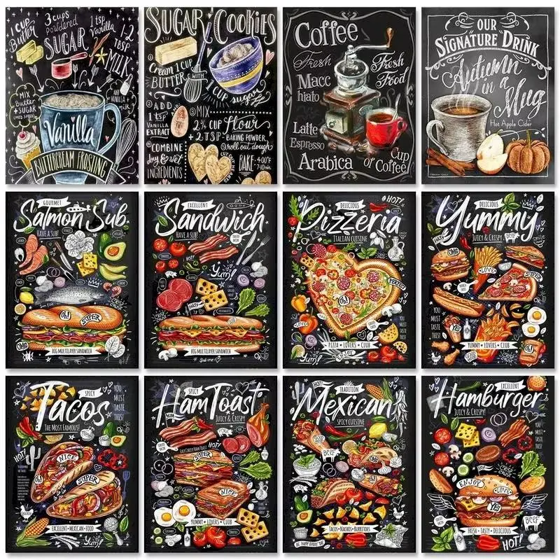 Cafe Core Paint by Numbers for Adults with Stretched Canvas Frame 16x20 Inch 40x50cm Chalkboard Aesthetic Bistro Decor Coffee Pizza Burger DIY Acrylic Oil Painting Kit Retro Kitchen Wall Art Crafts Gift Pre-framed Paint by Number Kit