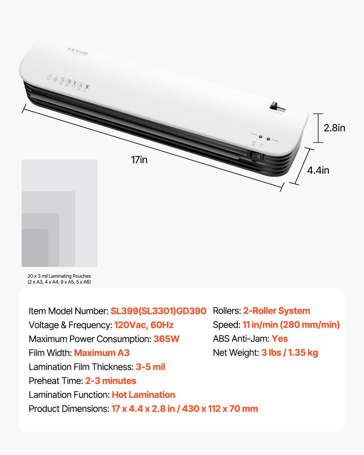 【FathersDayGift】 VEVOR Laminator Machine, Thermal Laminator for Max A3 Paper Size, 2-3 min Quick Warm Portable Laminator, 3-5 mil Thickness, Ideal for Home, Office, Business, or School Supplies, White + Black