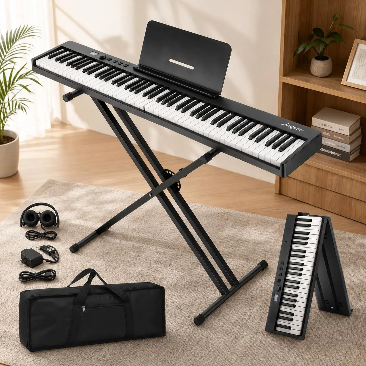 Portable 88‑Key Foldable Digital Piano Keyboard, Full‑Size Semi‑Weighted Keys, Wireless MIDI Connection, Complete Kit with Stand, Pedal, Headphones and Carrying Bag for All‑Level Players