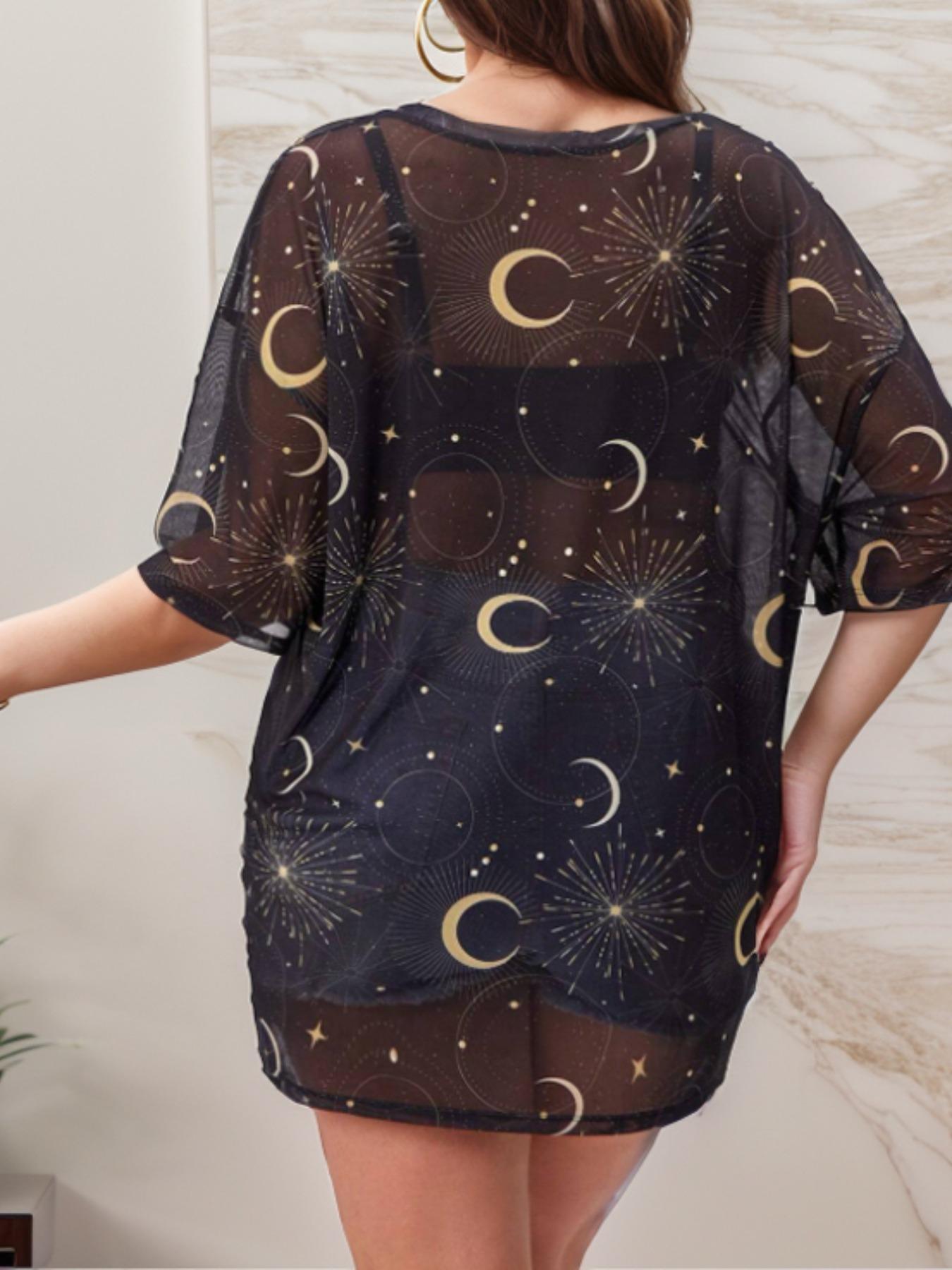 Plus Moon & Star Print Sheer Tulle Tee, Casual Comfy Top, Casual Round Neck Drop Shoulder Half Sleeve Top for Summer, Women's Clothes, Summer Outfits 2024