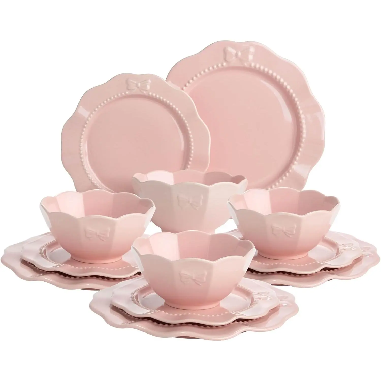 BPA-Free Ceramic Stoneware Combination Dinner Set for 4 (12-Piece Tableware), Embossed Bows Design, Includes Dinner Plates, Salad Plates, Bowls, Resists Daily Wear, Microwave & Dishwasher Safe, Pink Hosting Kitchenware