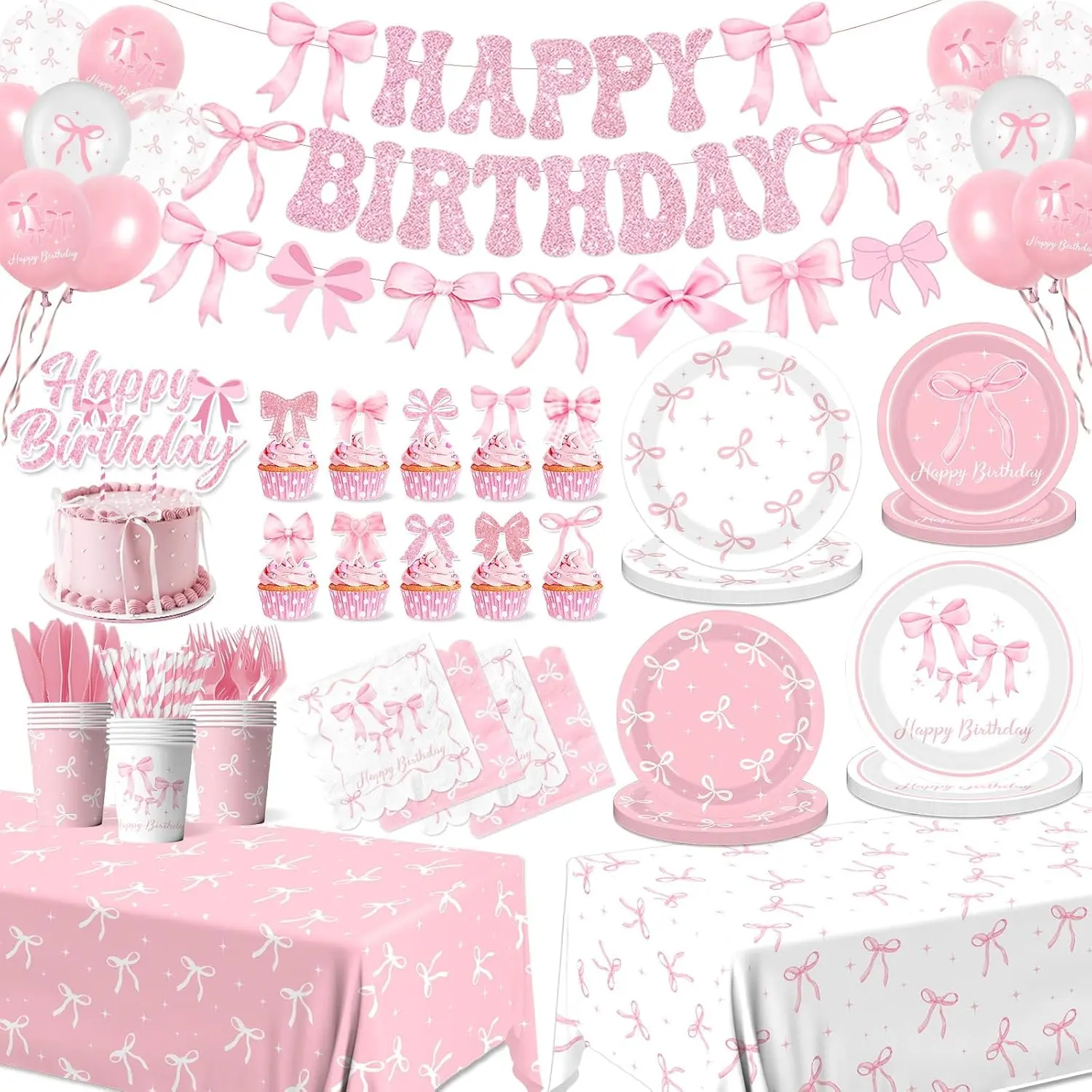 Bow Birthday Party Supplies Serve 24,  Birthday Decorations Include Bow Plates Napkins Cups Banner Tablecloth Cake Topper Balloons Bow Theme Tableware for Girls Bachelorette Decor