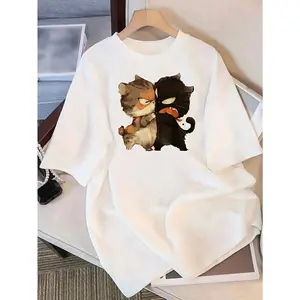 Summer Cartoon Kitten Printed Short-Sleeved T-shirt Women's Round Neck Korean Style Loose Preppy Style Versatile Fashion