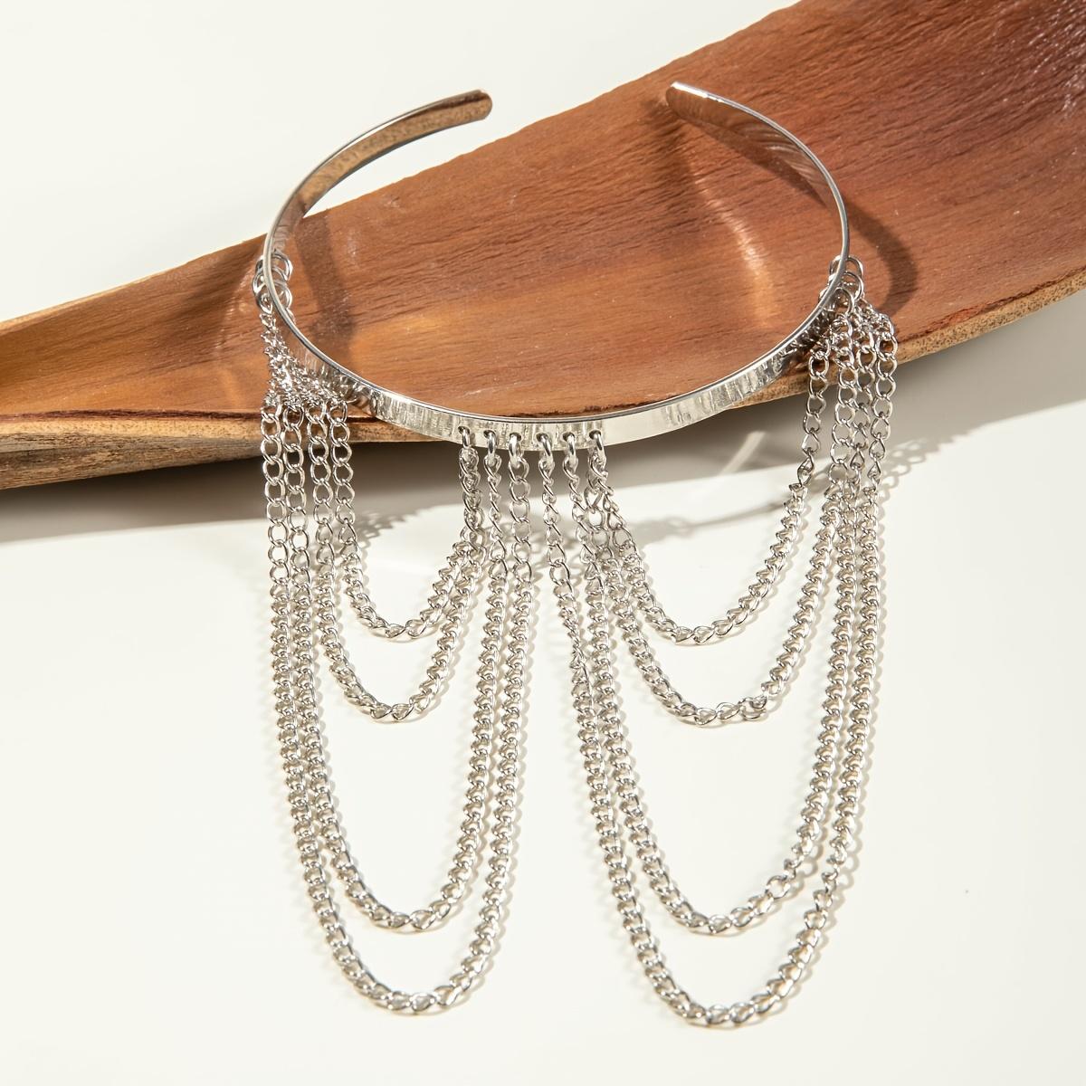 1pc Simple and Stylish Multi-Layer Metal Thin Chain Tassel Pendant Bangle with Smooth Finish and Open End, Suitable as a Perfect Gift for Women at Banquets, Parties, or for Friends